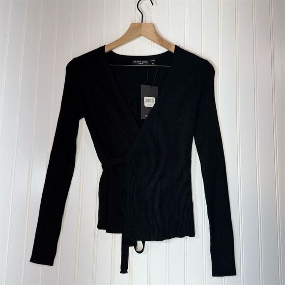 Brave Soul Wrap Top Ribbed Knit Long Sleeve Sweater Black Tie Waist M NWT Goth - Picture 1 of 12